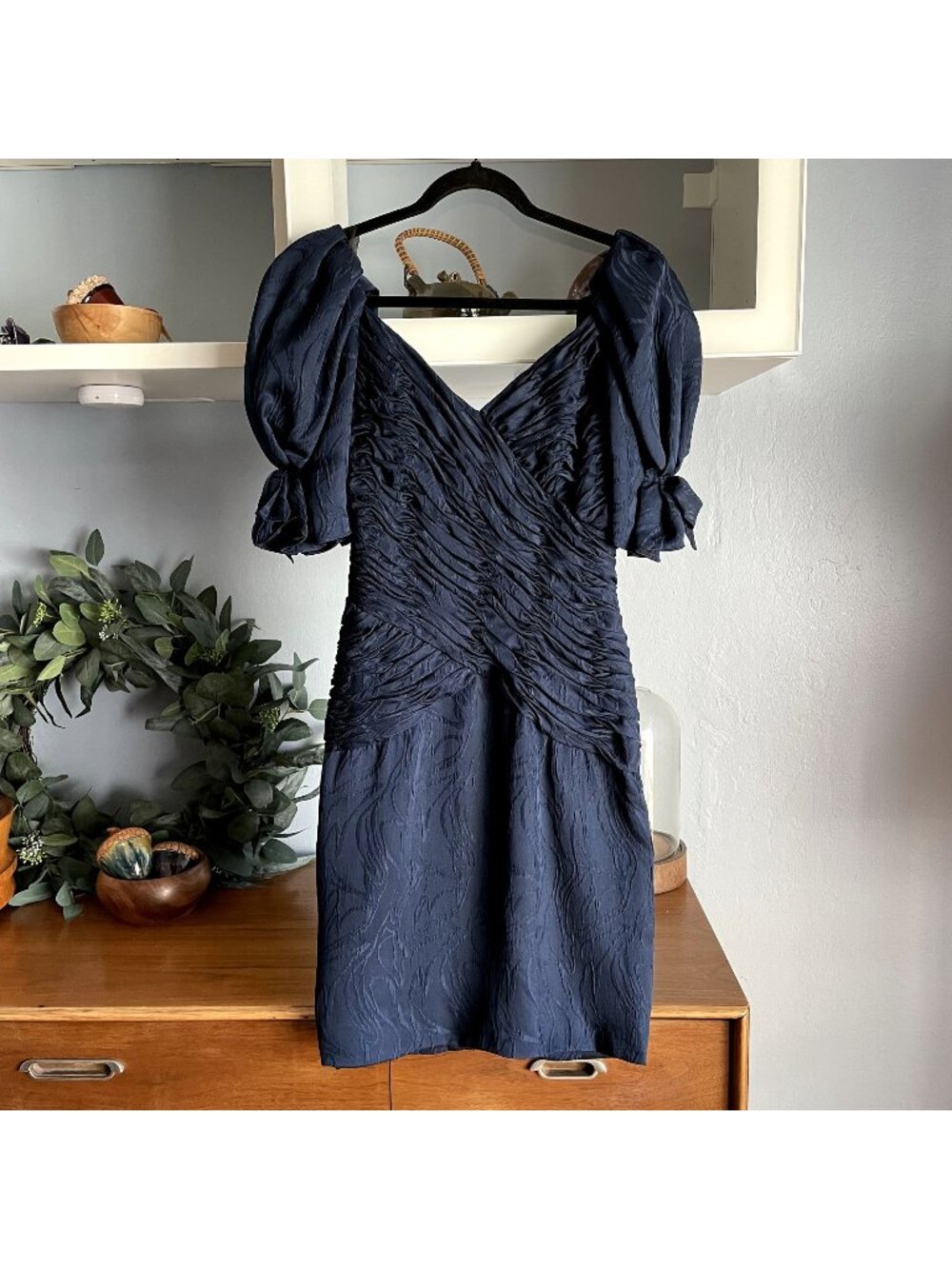 Liancarlo Vintage 80’s Silk Ruched Party Cocktail Dress Blue Puff Sleeves